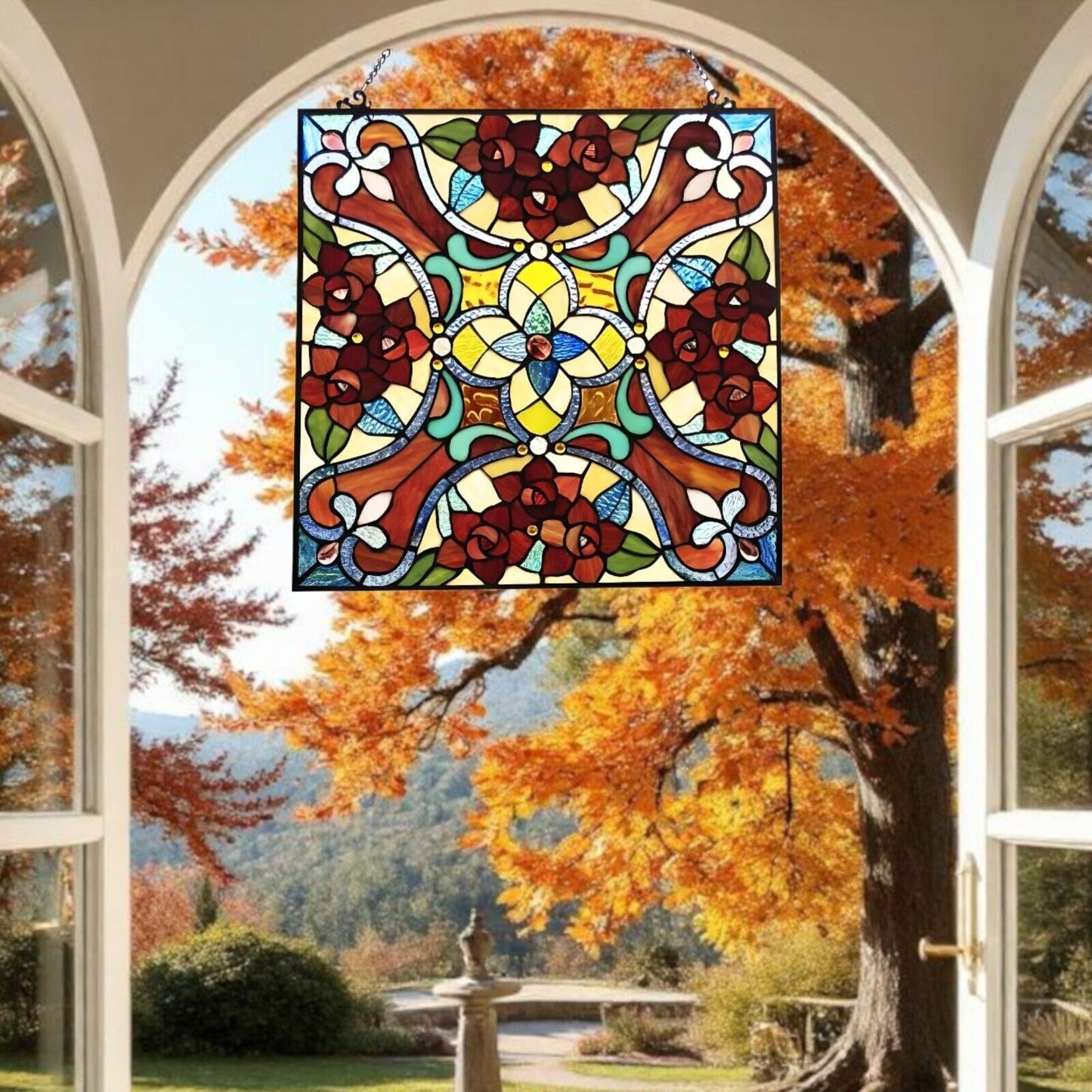 Tiffany Style Stained Glass Red Floral Suncatcher Window Panel 20x20in Square