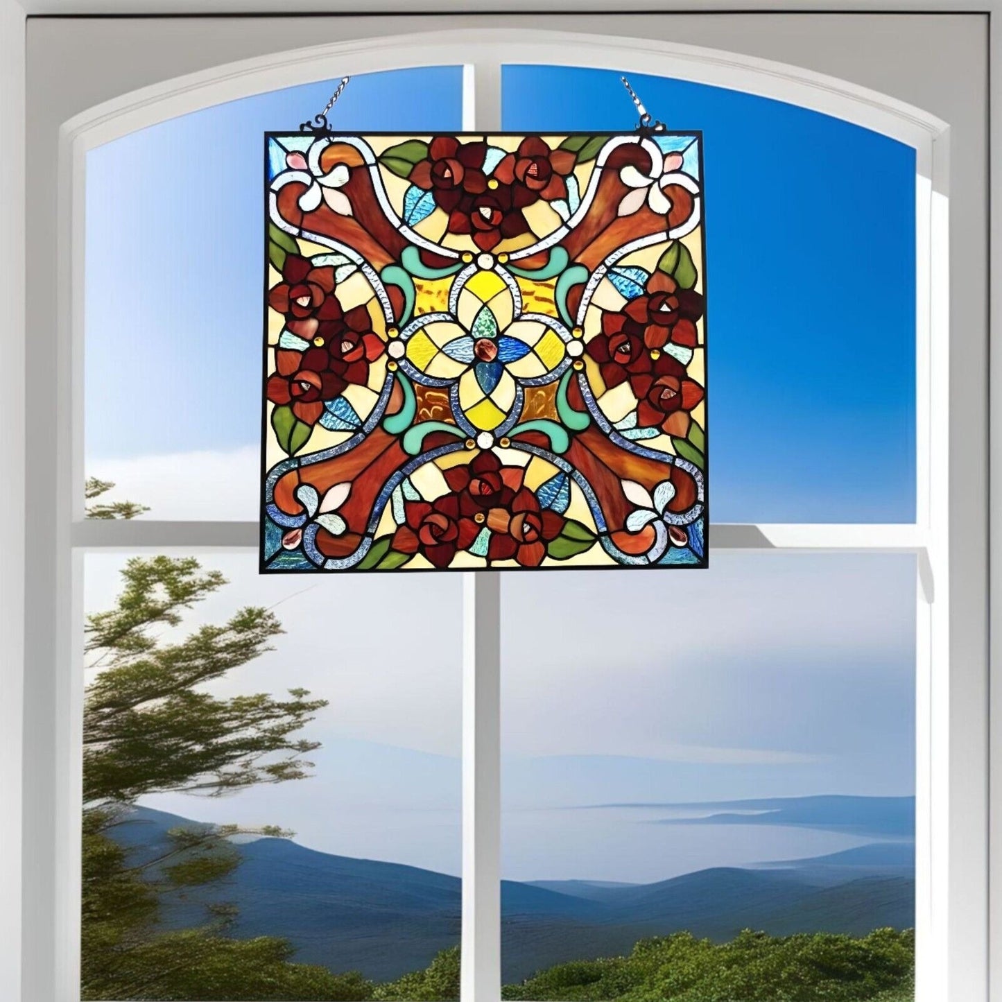 Tiffany Style Stained Glass Red Floral Suncatcher Window Panel 20x20in Square