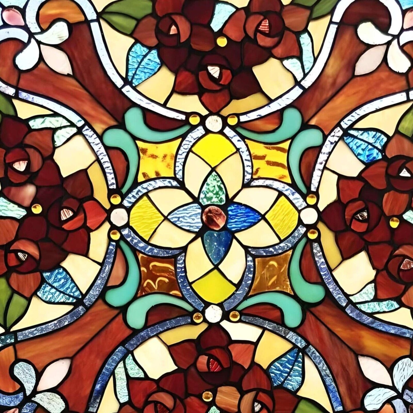 Tiffany Style Stained Glass Red Floral Suncatcher Window Panel 20x20in Square