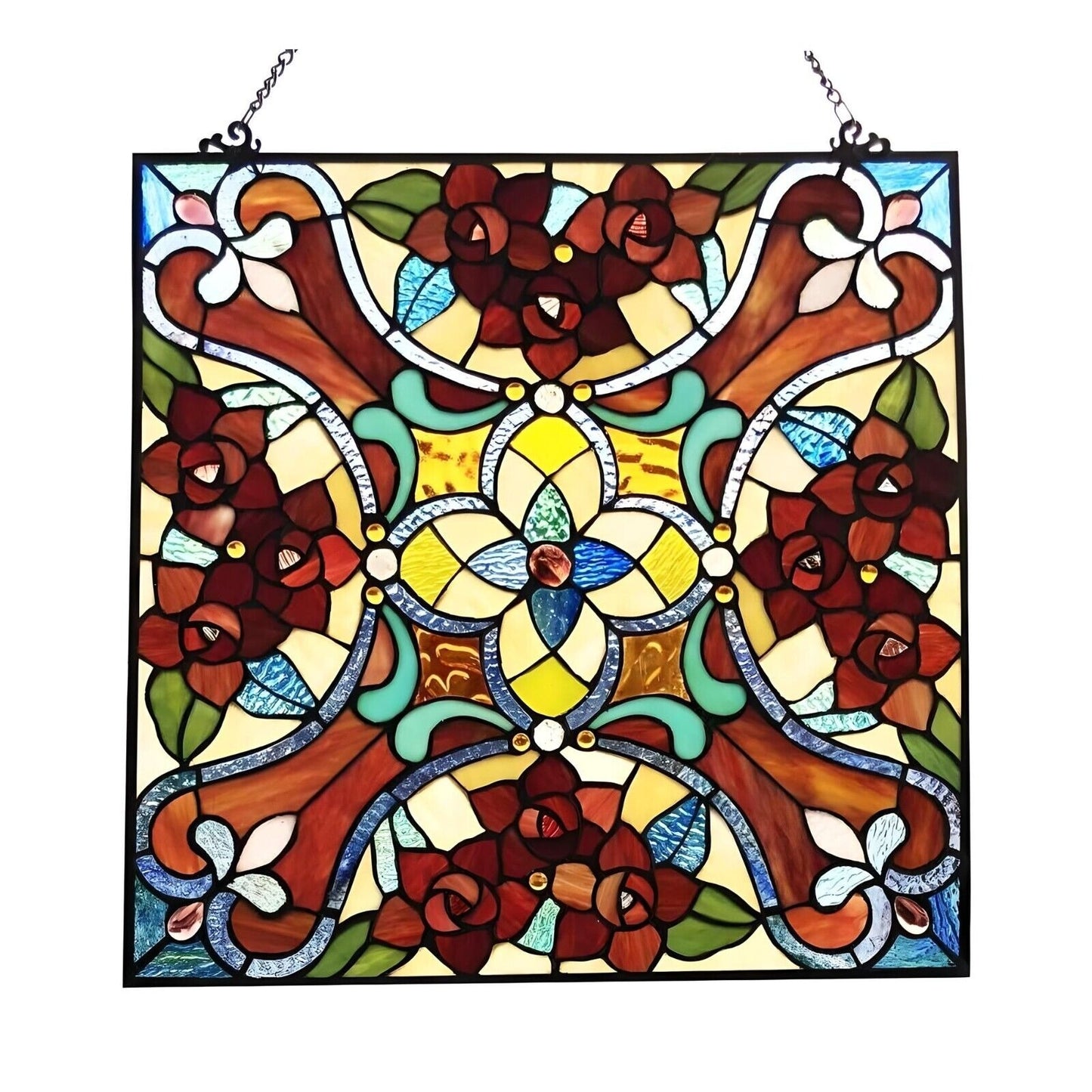 Tiffany Style Stained Glass Red Floral Suncatcher Window Panel 20x20in Square