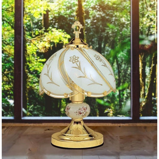 Elegant Floral 3-way Gold Finish Touch Lamp Vintage Style for Desk Bedside 14in