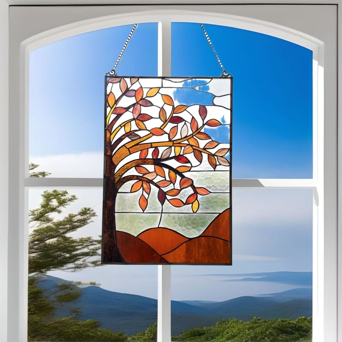 Spice Colors Stained Glass Hanging Window Panel Tree of Life Suncatcher 16x24in