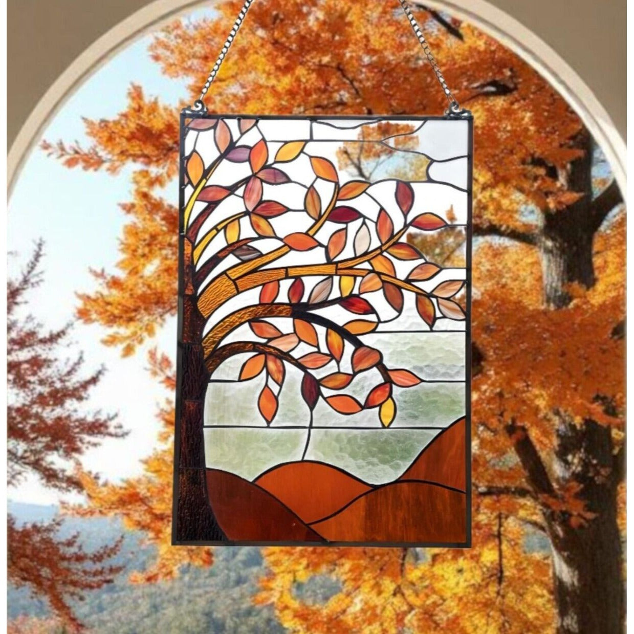 Spice Colors Stained Glass Hanging Window Panel Tree of Life Suncatcher 16x24in