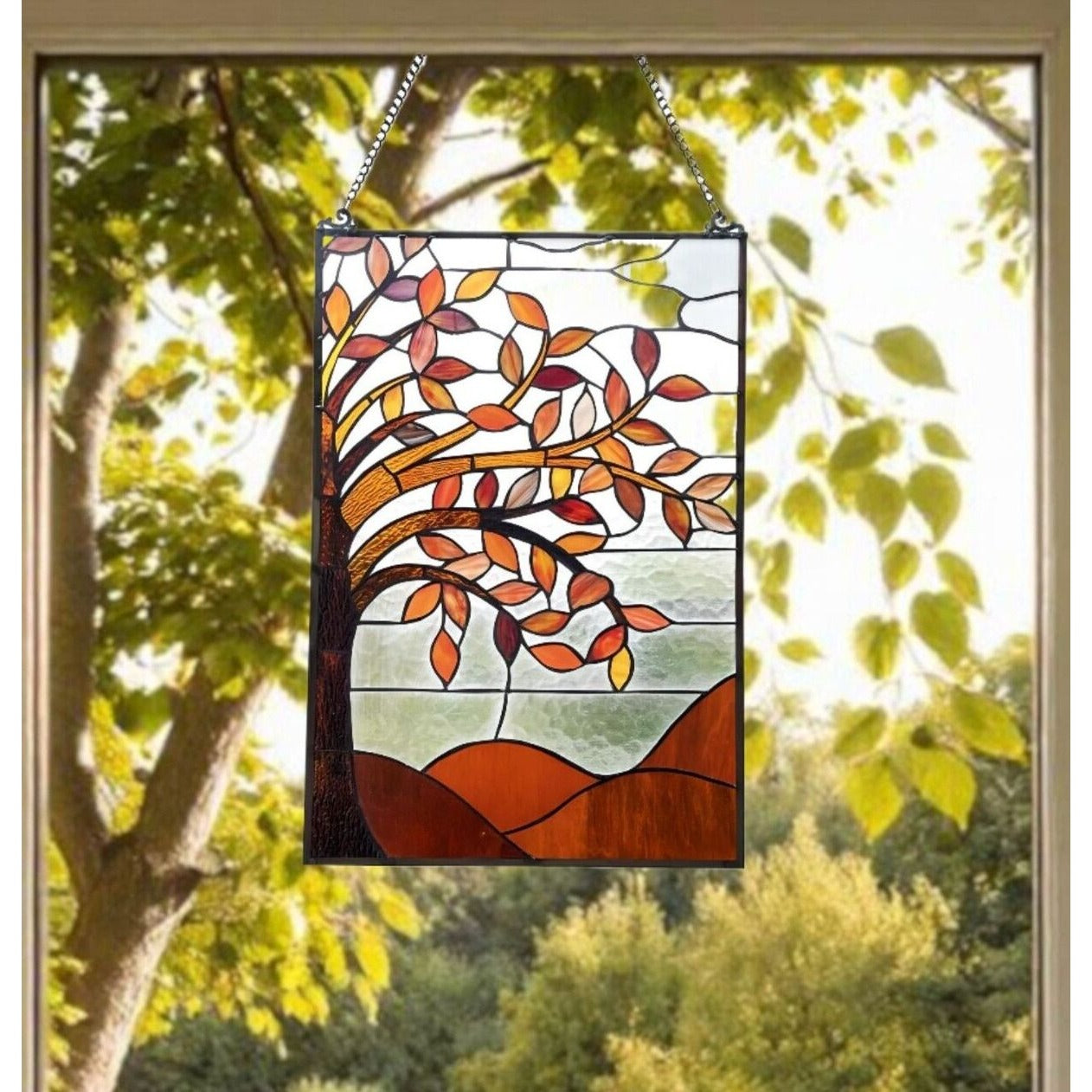 Spice Colors Stained Glass Hanging Window Panel Tree of Life Suncatcher 16x24in