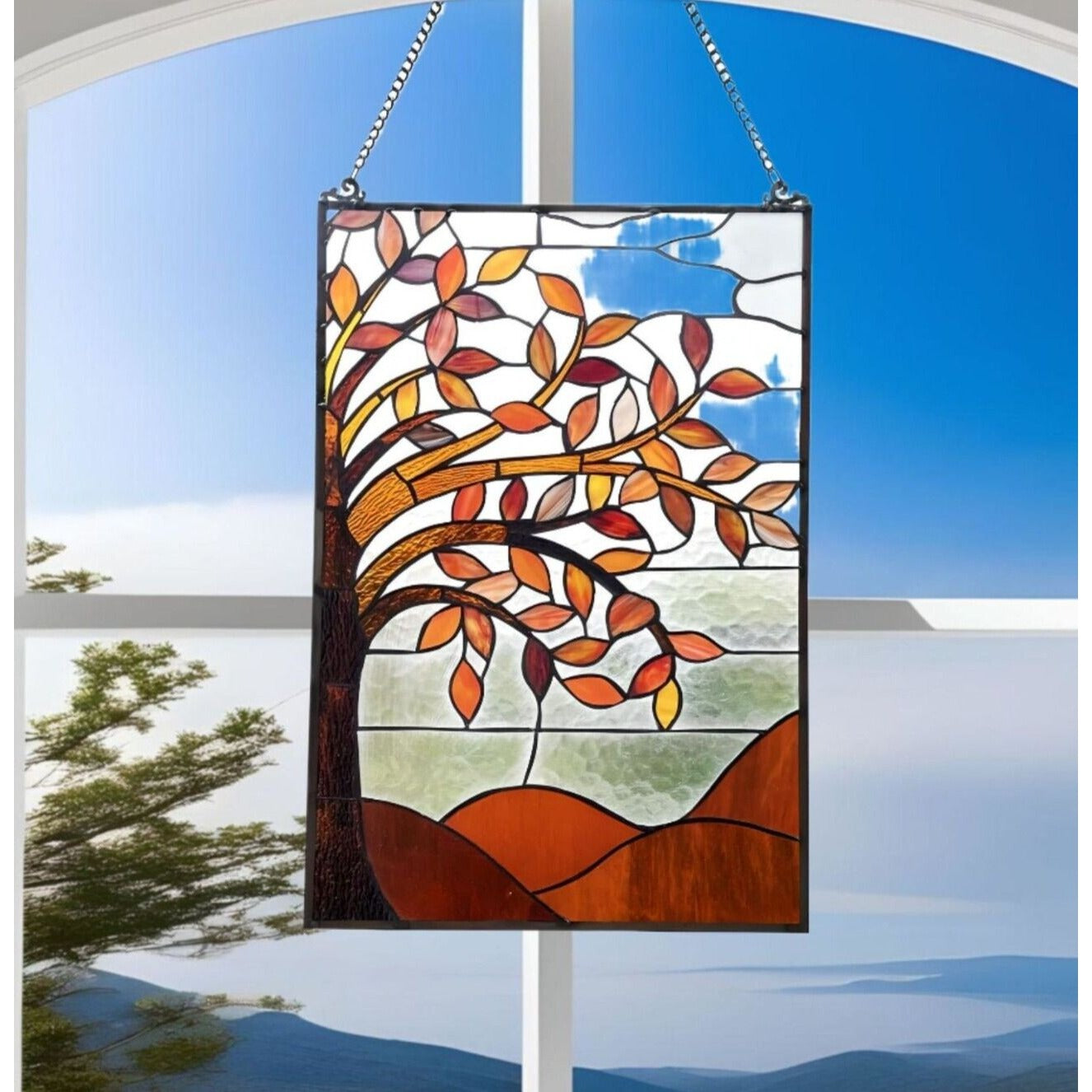 Spice Colors Stained Glass Hanging Window Panel Tree of Life Suncatcher 16x24in