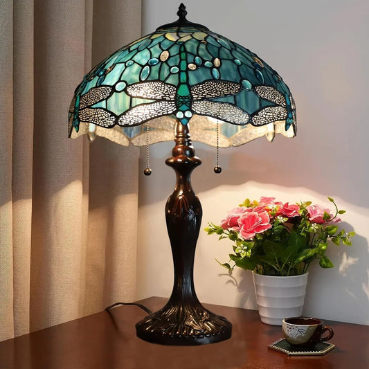 Pearl Green Tiffany Style Dragonfly Stained Glass Table Lamp Masterpiece 23in