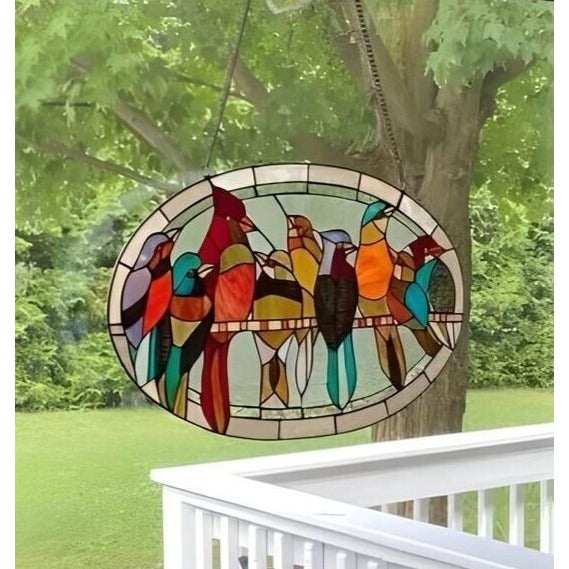 Tiffany Style Talking Parrots Oval Stained Glass Suncatcher Window Panel 23x15in