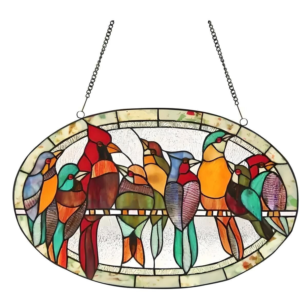 Tiffany Style Talking Parrots Oval Stained Glass Suncatcher Window Panel 23x15in