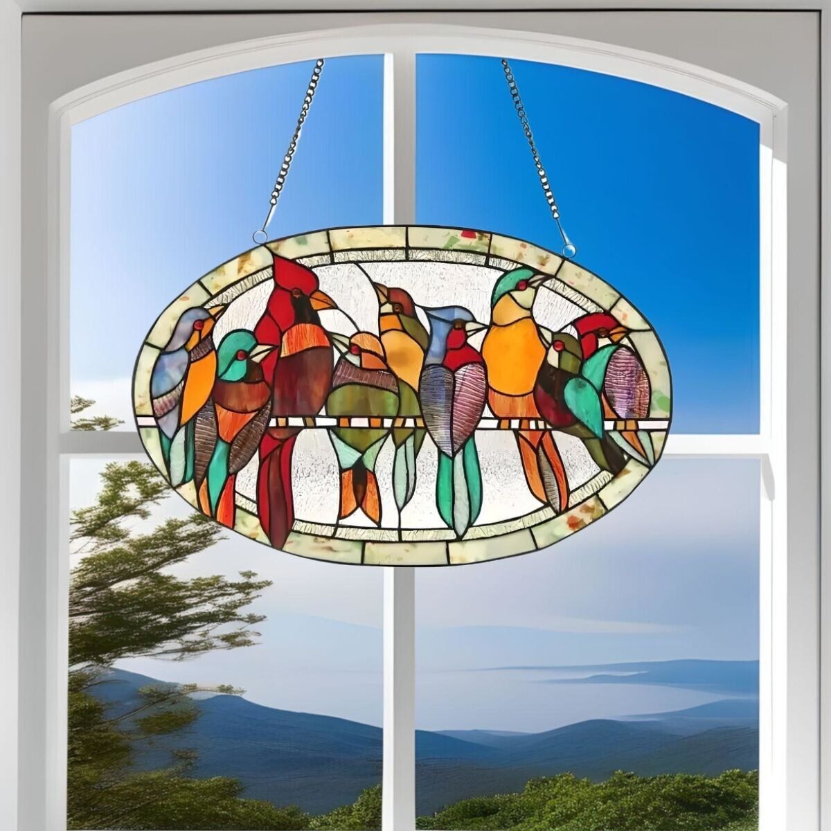 Tiffany Style Talking Parrots Oval Stained Glass Suncatcher Window Panel 23x15in