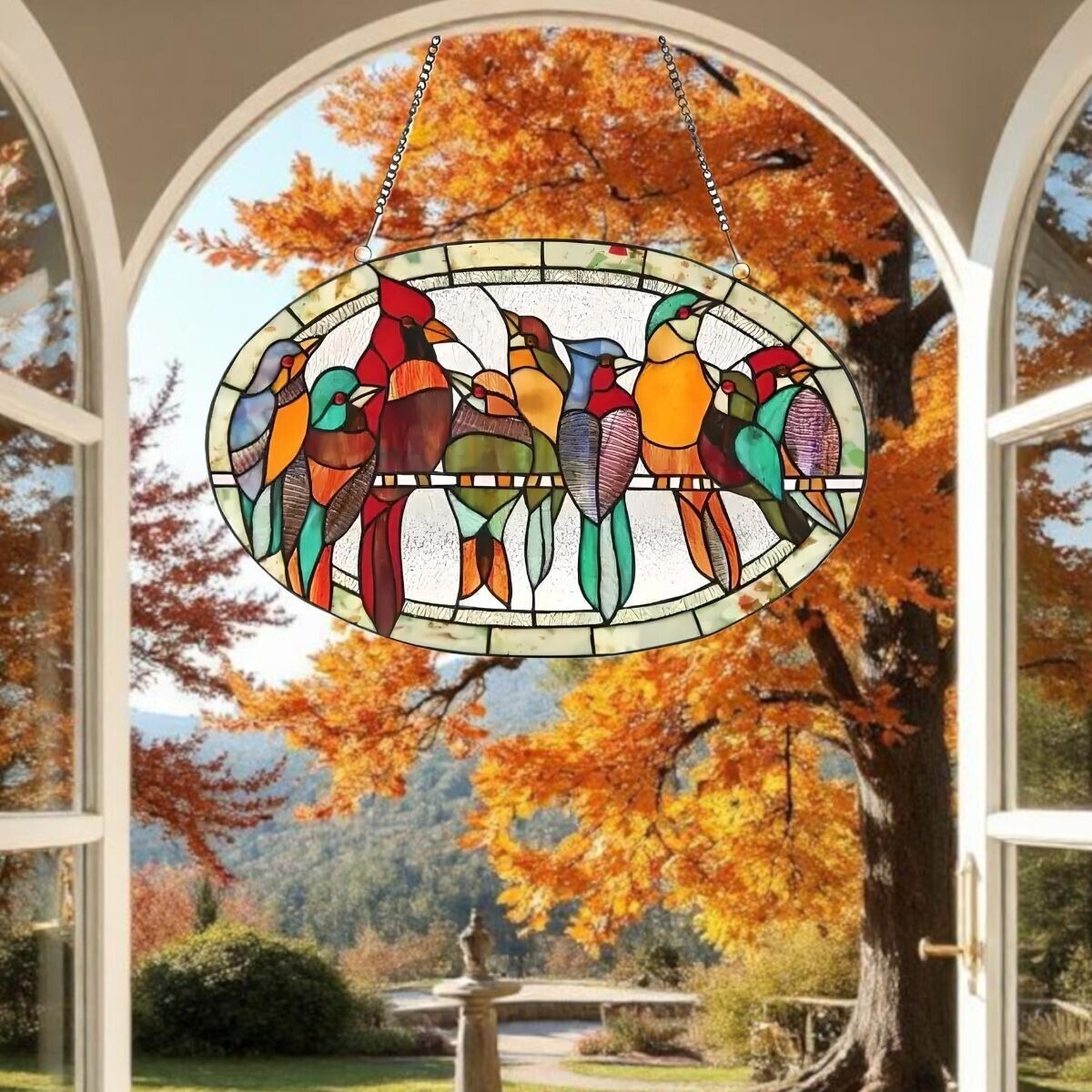 Tiffany Style Talking Parrots Oval Stained Glass Suncatcher Window Panel 23x15in