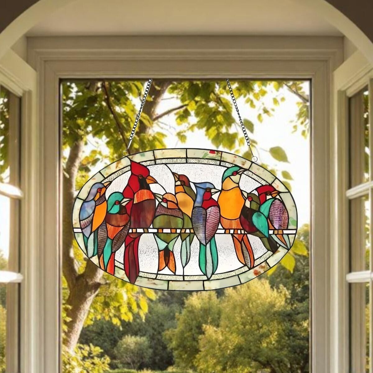 Tiffany Style Talking Parrots Oval Stained Glass Suncatcher Window Panel 23x15in