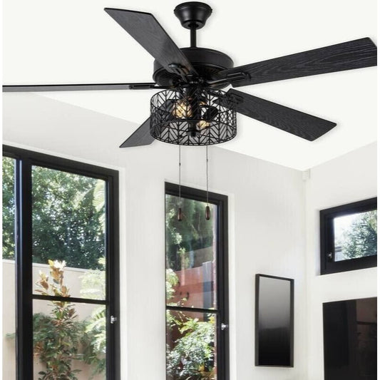 Sleek Industrial Black Ceiling Fan 52in - Reversible Blades Caged LED Light Kit