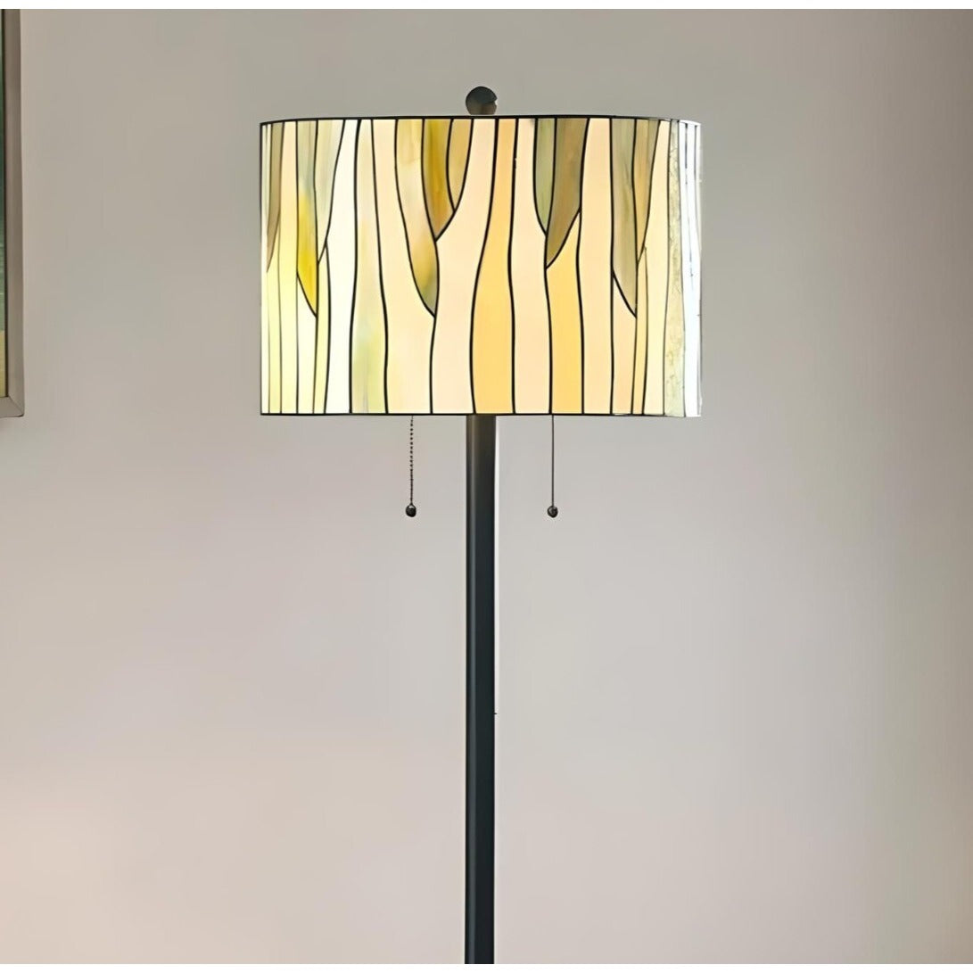 Elegant Green and Creme Tiffany Style Stained Glass Floor Lamp Drum Shade