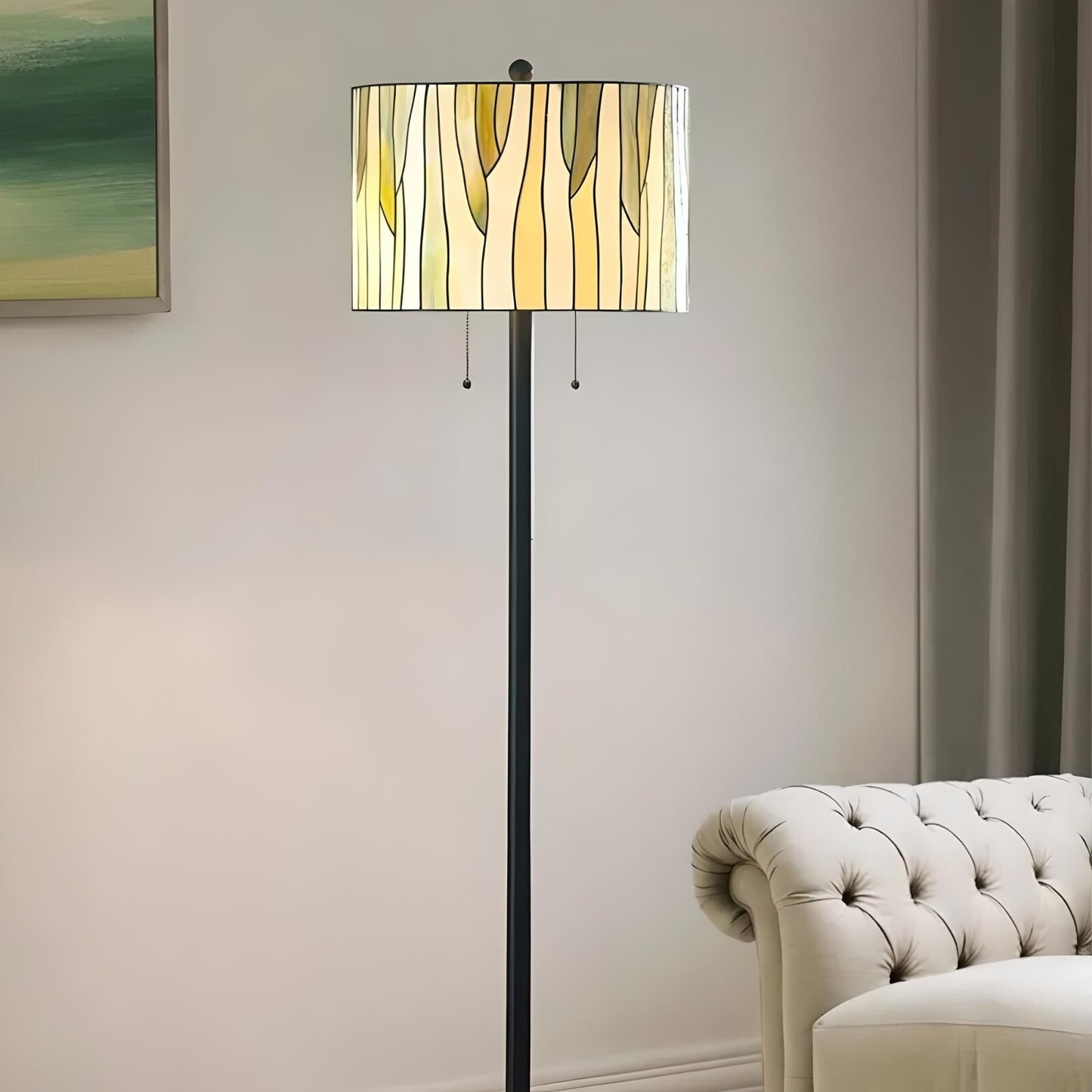 Elegant Green and Creme Tiffany Style Stained Glass Floor Lamp Drum Shade