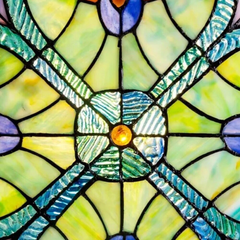 Tiffany Style Stained Glass Panel Suncatcher Blue and Green Floral Design 12in