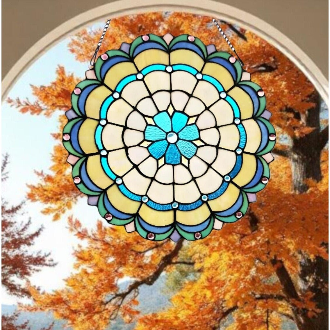 Medallion Blue Green Stained Glass Hanging Window Panel Suncatcher 18in Round