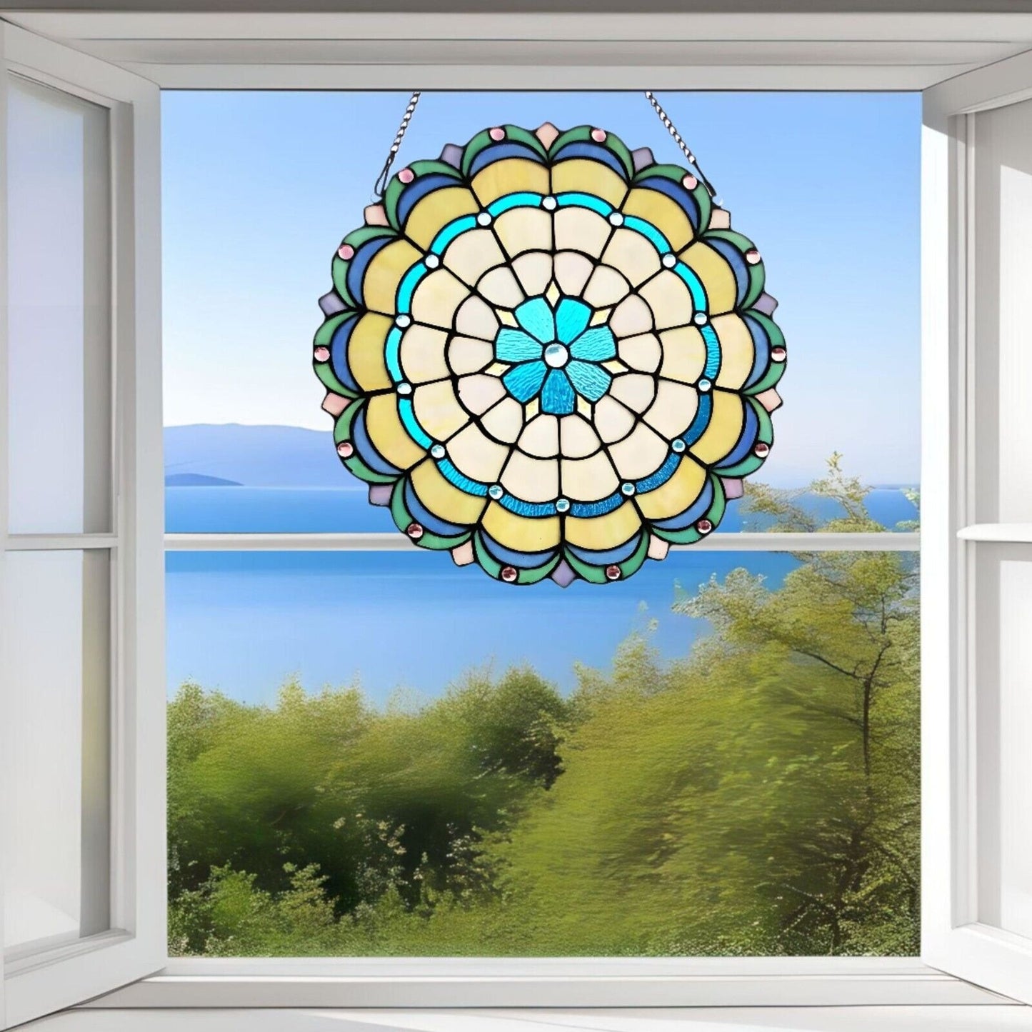 Medallion Blue Green Stained Glass Hanging Window Panel Suncatcher 18in Round