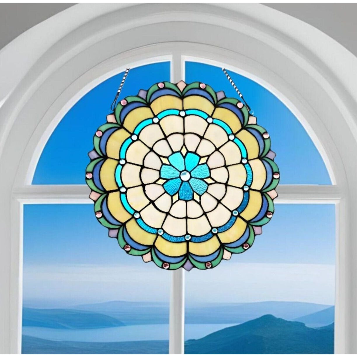 Medallion Blue Green Stained Glass Hanging Window Panel Suncatcher 18in Round