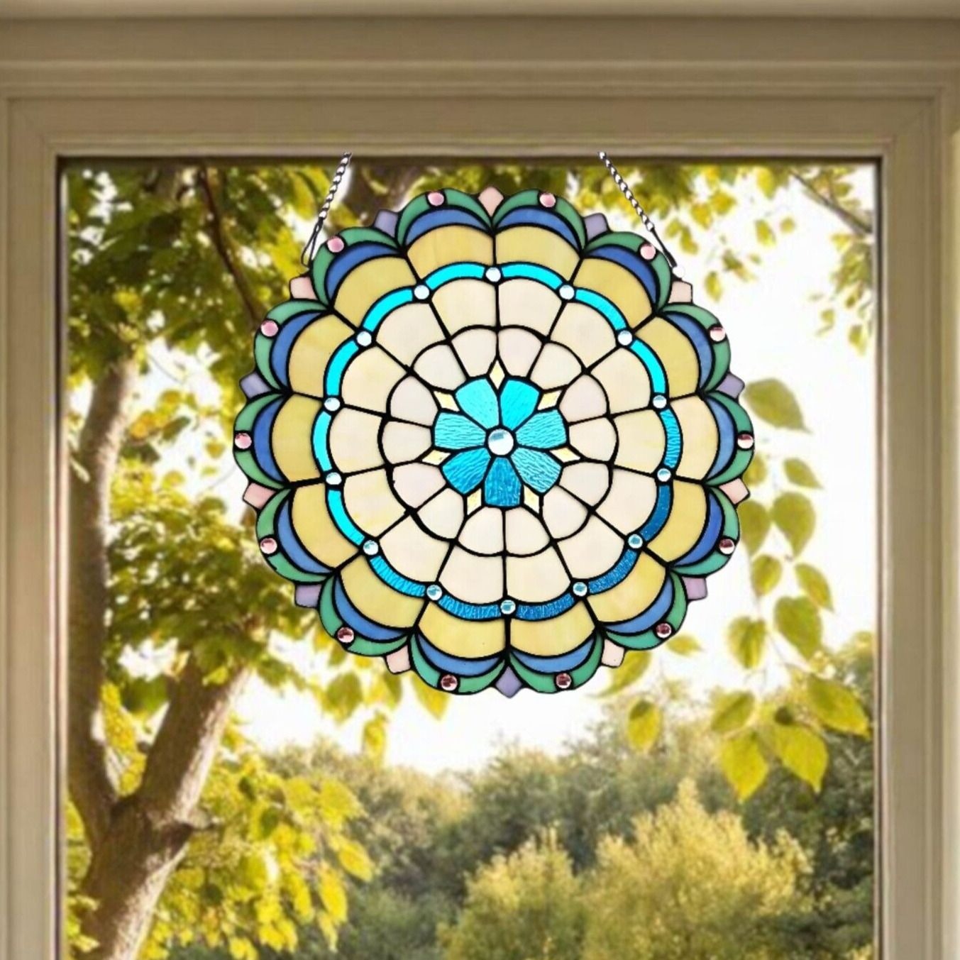 Medallion Blue Green Stained Glass Hanging Window Panel Suncatcher 18in Round