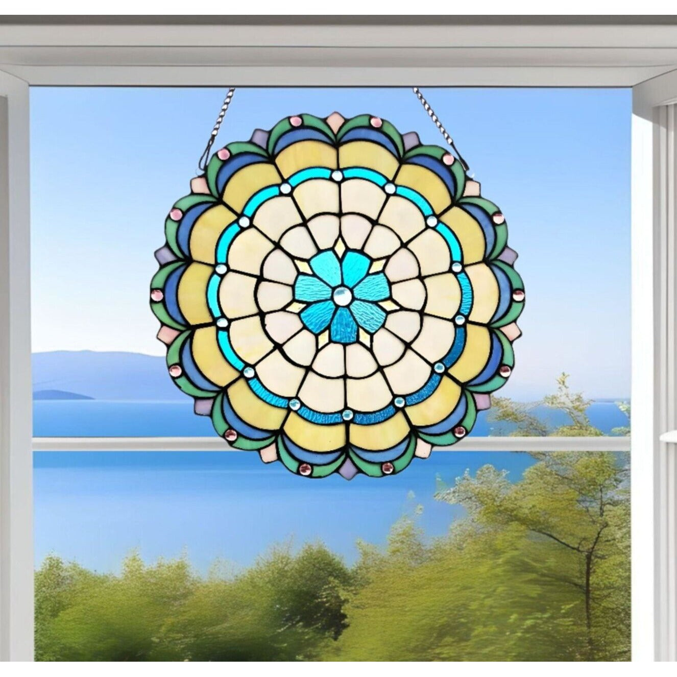 Medallion Blue Green Stained Glass Hanging Window Panel Suncatcher 18in Round