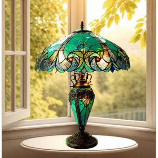 Green Tiffany Style Stained Glass Lit Base Table Lamp with Vintage Elegance 25in