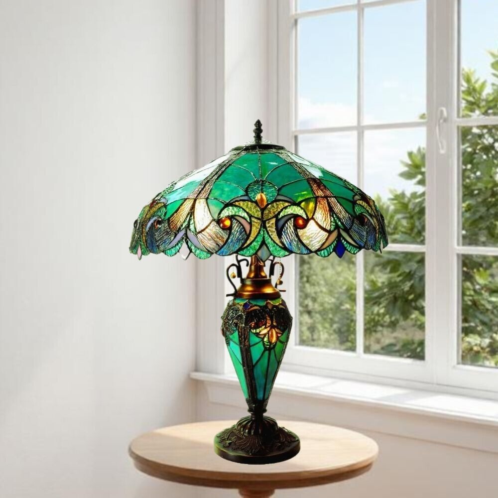 Green Tiffany Style Stained Glass Lit Base Table Lamp with Vintage Elegance 25in