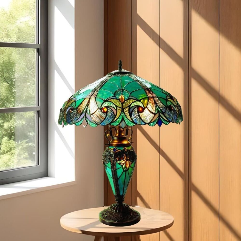 Green Tiffany Style Stained Glass Lit Base Table Lamp with Vintage Elegance 25in