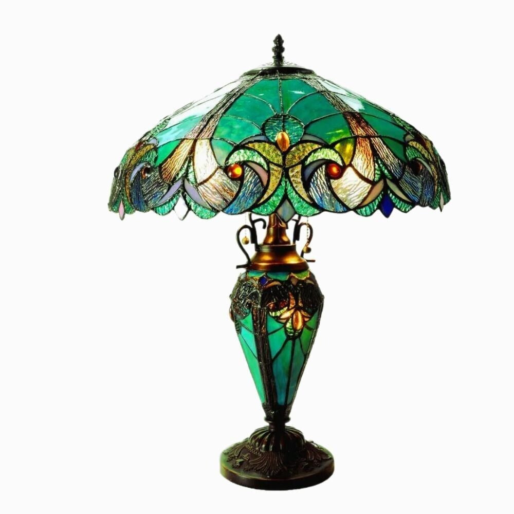 Green Tiffany Style Stained Glass Lit Base Table Lamp with Vintage Elegance 25in