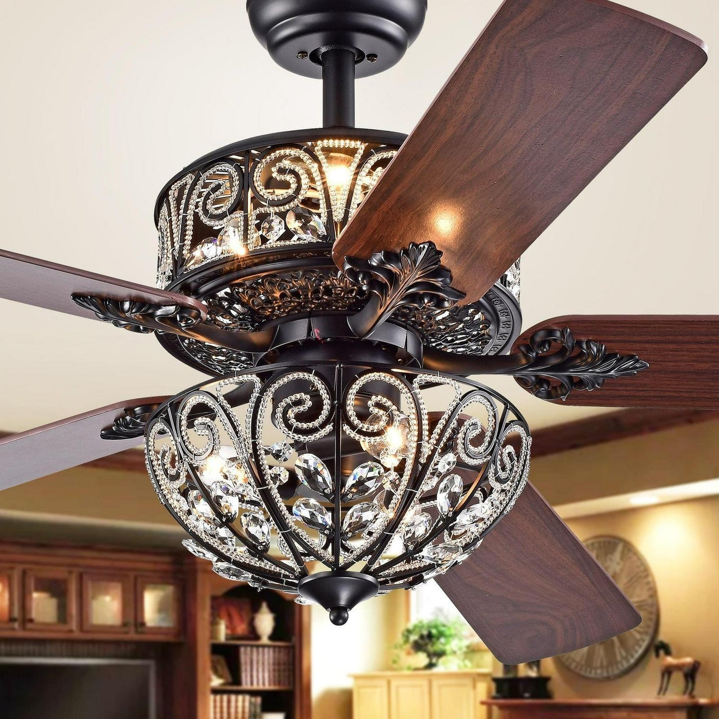 Crystal Lighted Ceiling Fan Chandelier 52in Matt Black Finish - Remote Control