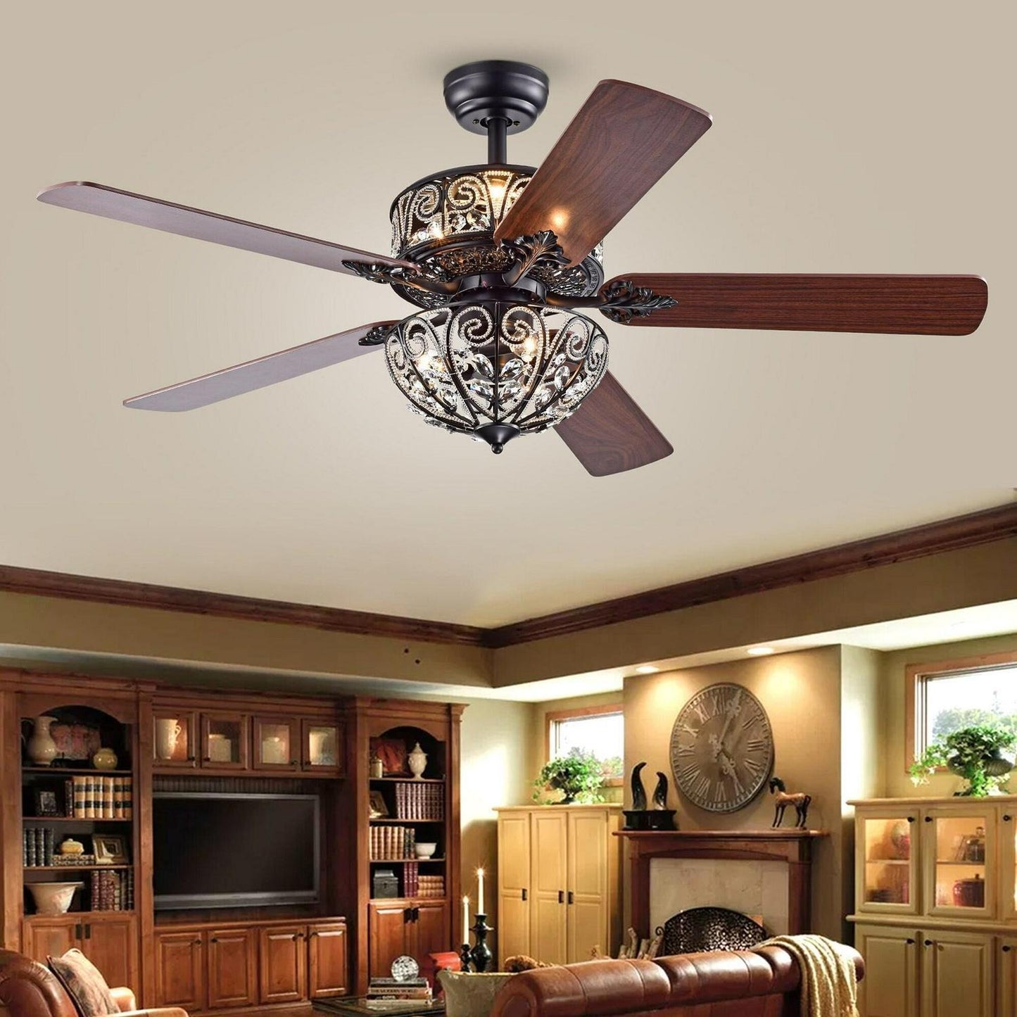 Crystal Lighted Ceiling Fan Chandelier 52in Matt Black Finish - Remote Control