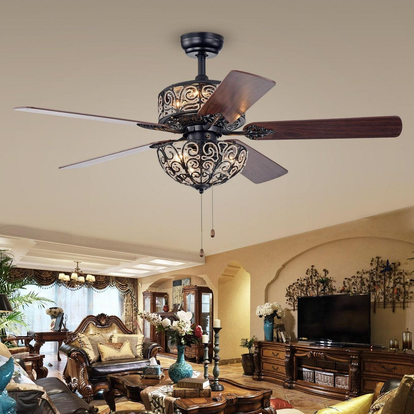 Crystal Lighted Ceiling Fan Chandelier 52in Matt Black Finish - Remote Control