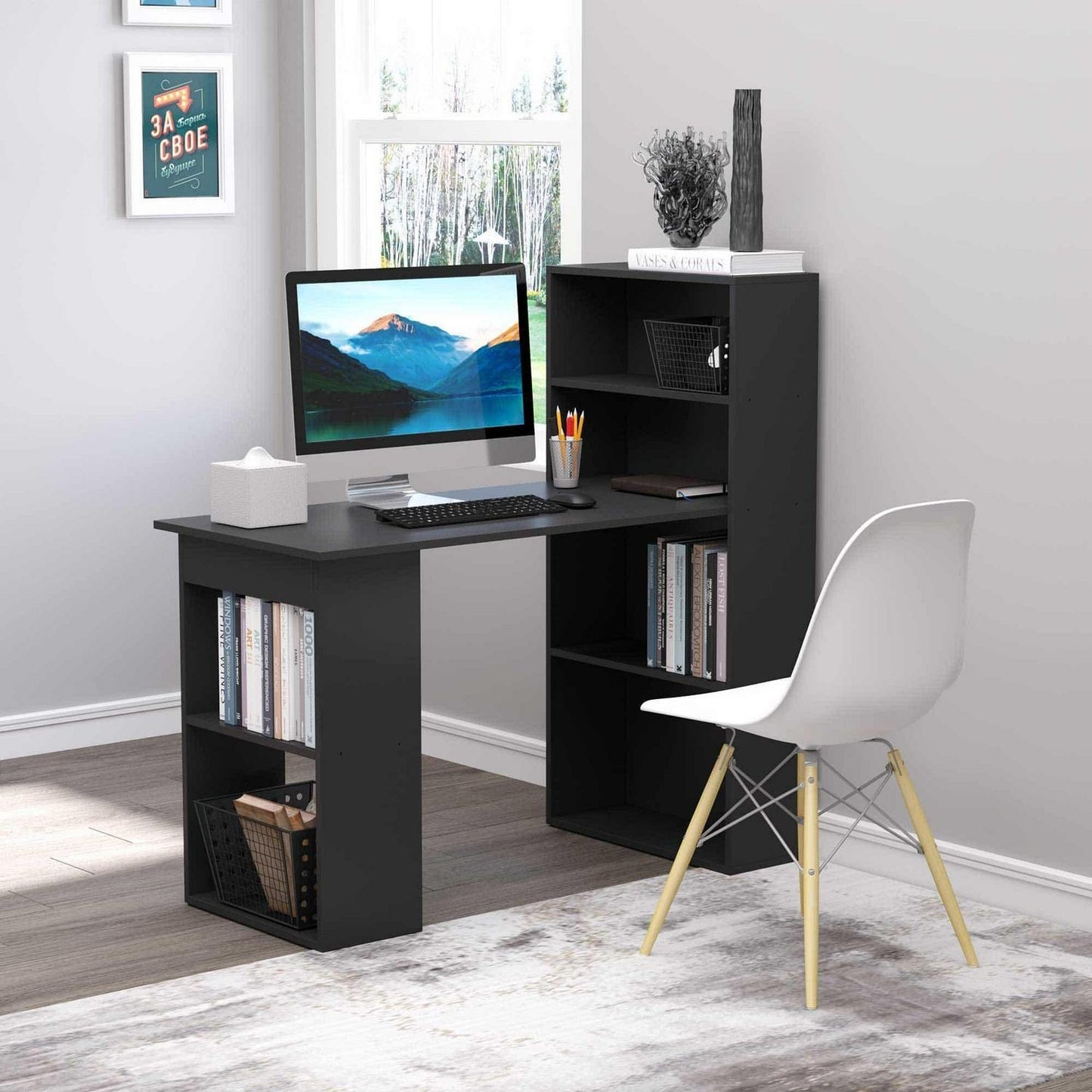 Compact Computer Desk Combo Writing Table 6-Tier Storage Shelves with Bookshelf