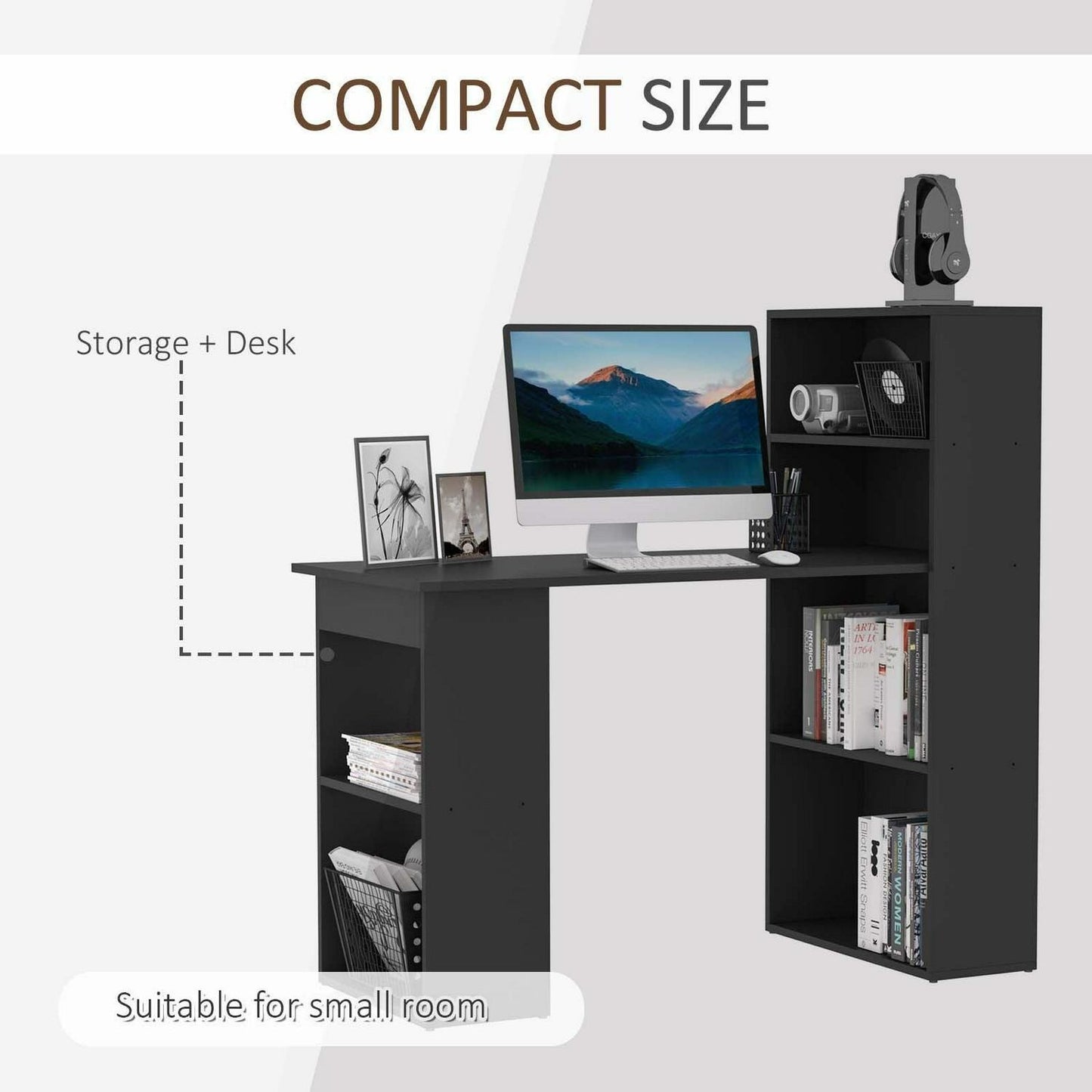 Compact Computer Desk Combo Writing Table 6-Tier Storage Shelves with Bookshelf