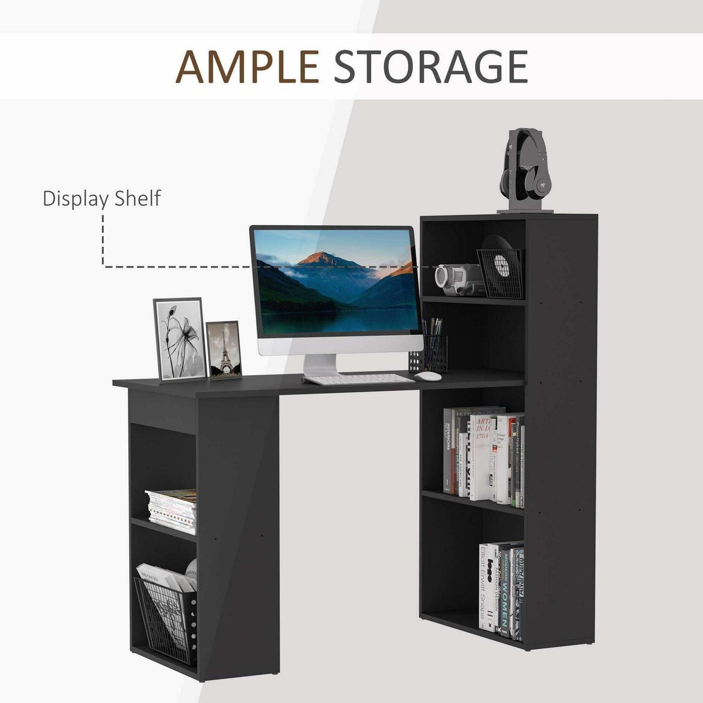 Compact Computer Desk Combo Writing Table 6-Tier Storage Shelves with Bookshelf