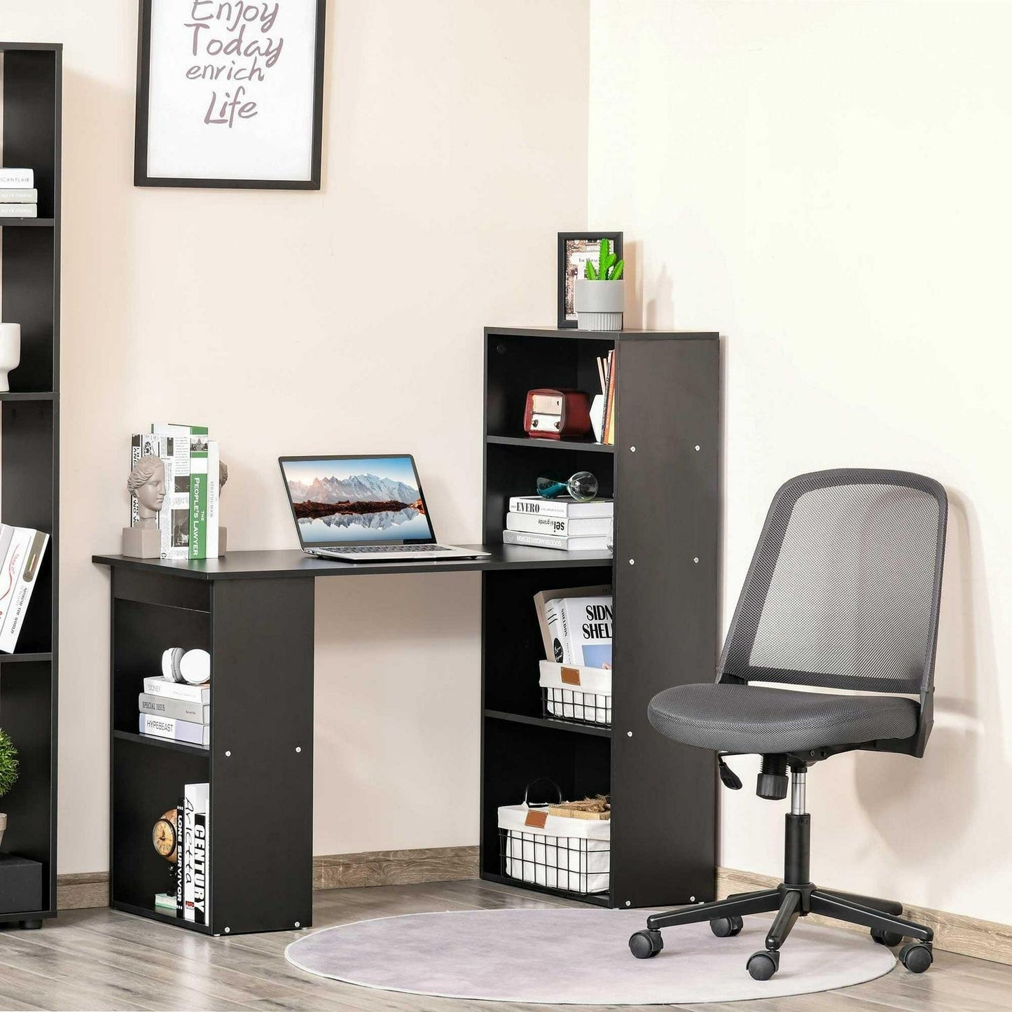 Compact Computer Desk Combo Writing Table 6-Tier Storage Shelves with Bookshelf