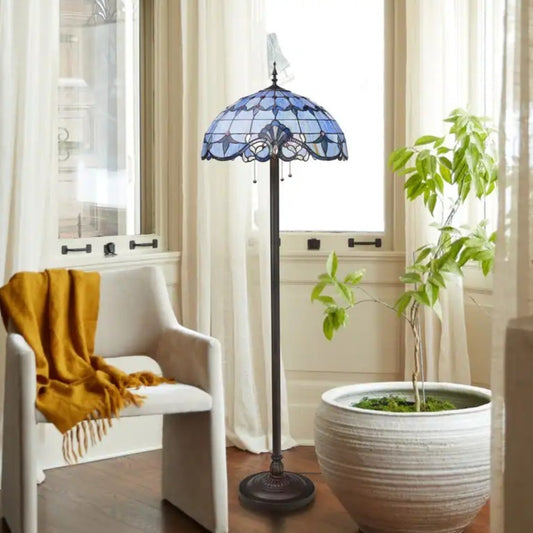 Baby Blue Amber Highlights Stained Glass Tiffany Style 3-Light Floor Lamp