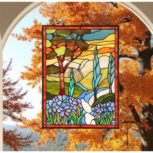 Stained Glass Sleepy Country Window Panel Suncatcher 18x25in