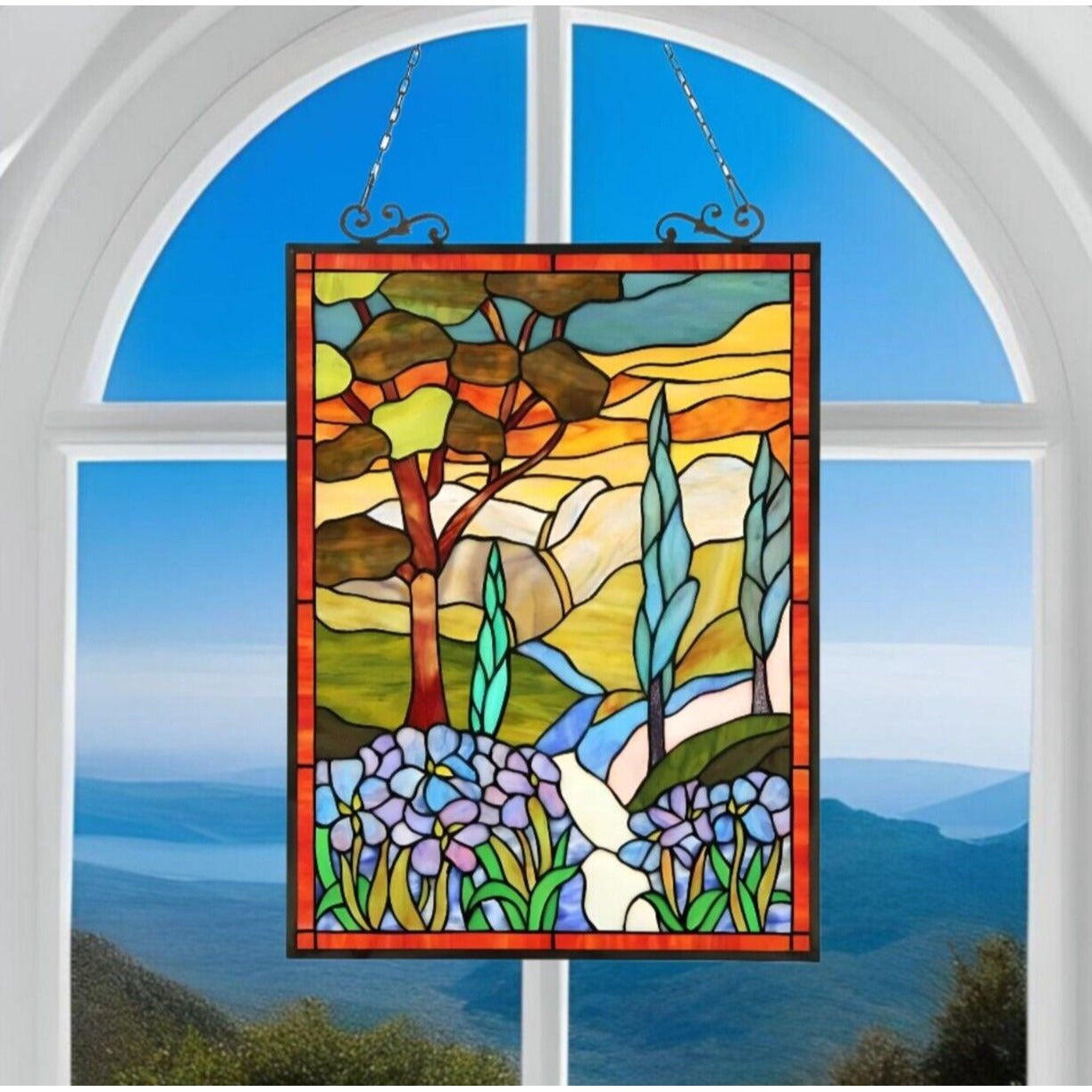 Stained Glass Sleepy Country Window Panel Suncatcher 18x25in