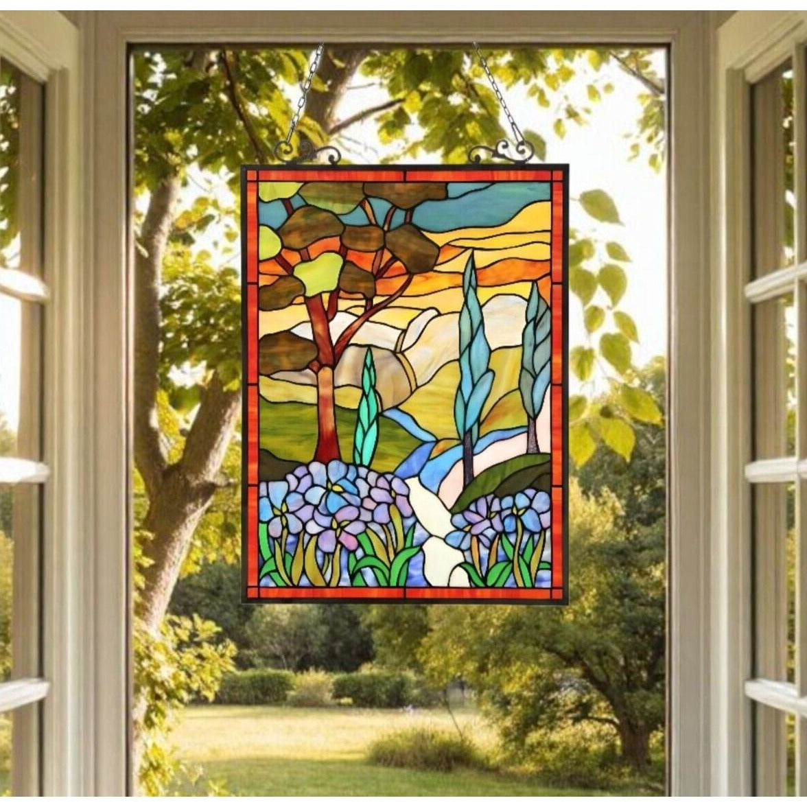 Stained Glass Sleepy Country Window Panel Suncatcher 18x25in