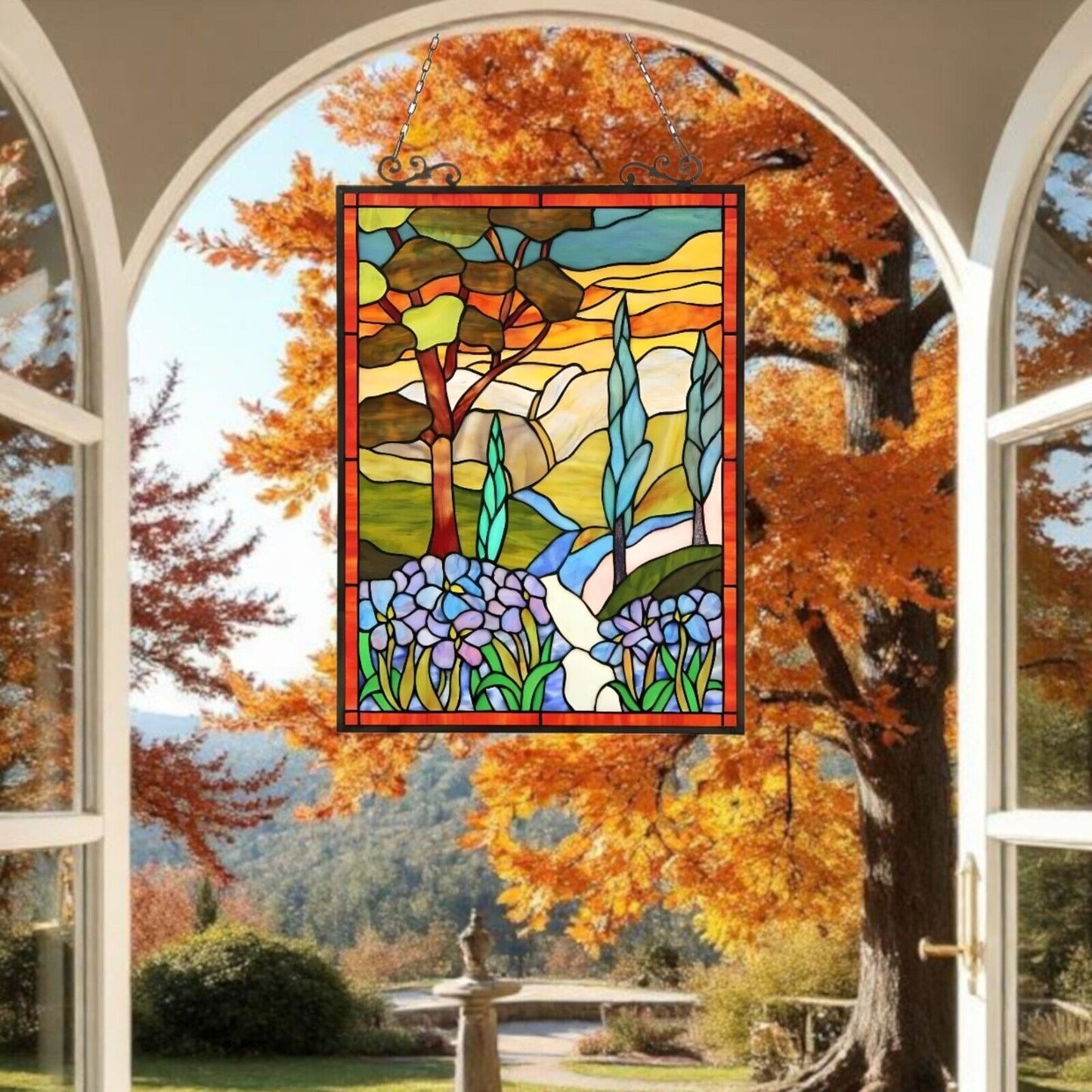 Stained Glass Sleepy Country Window Panel Suncatcher 18x25in