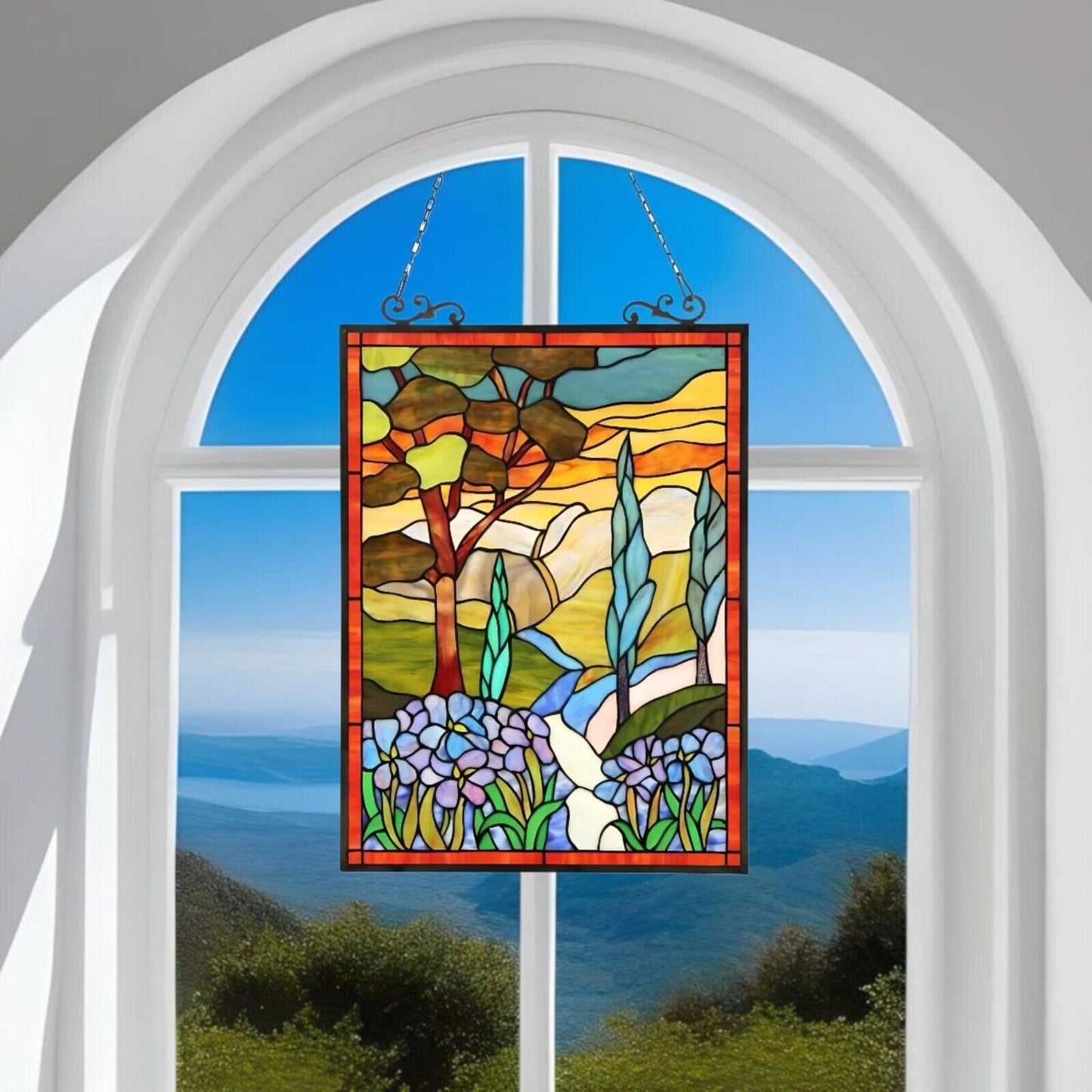 Stained Glass Sleepy Country Window Panel Suncatcher 18x25in