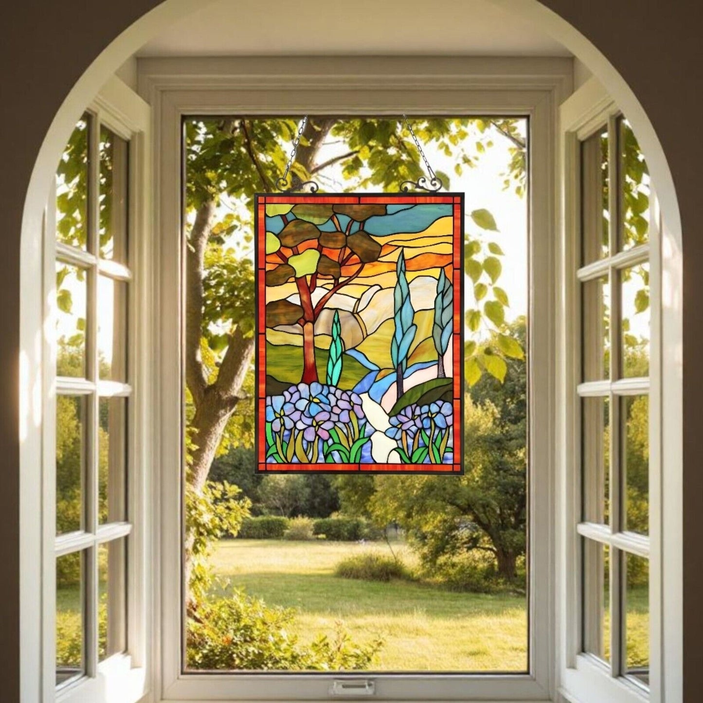 Stained Glass Sleepy Country Window Panel Suncatcher 18x25in