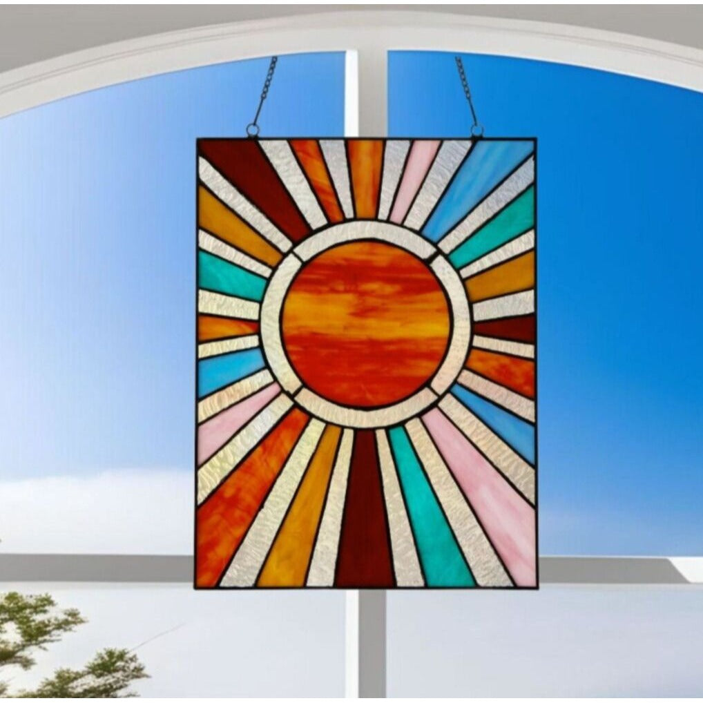 Tiffany Style Stained Glass Sunburst Suncatcher Hanging Window Panel 10x14in