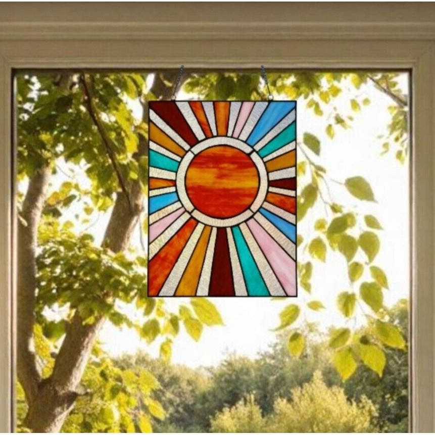 Tiffany Style Stained Glass Sunburst Suncatcher Hanging Window Panel 10x14in