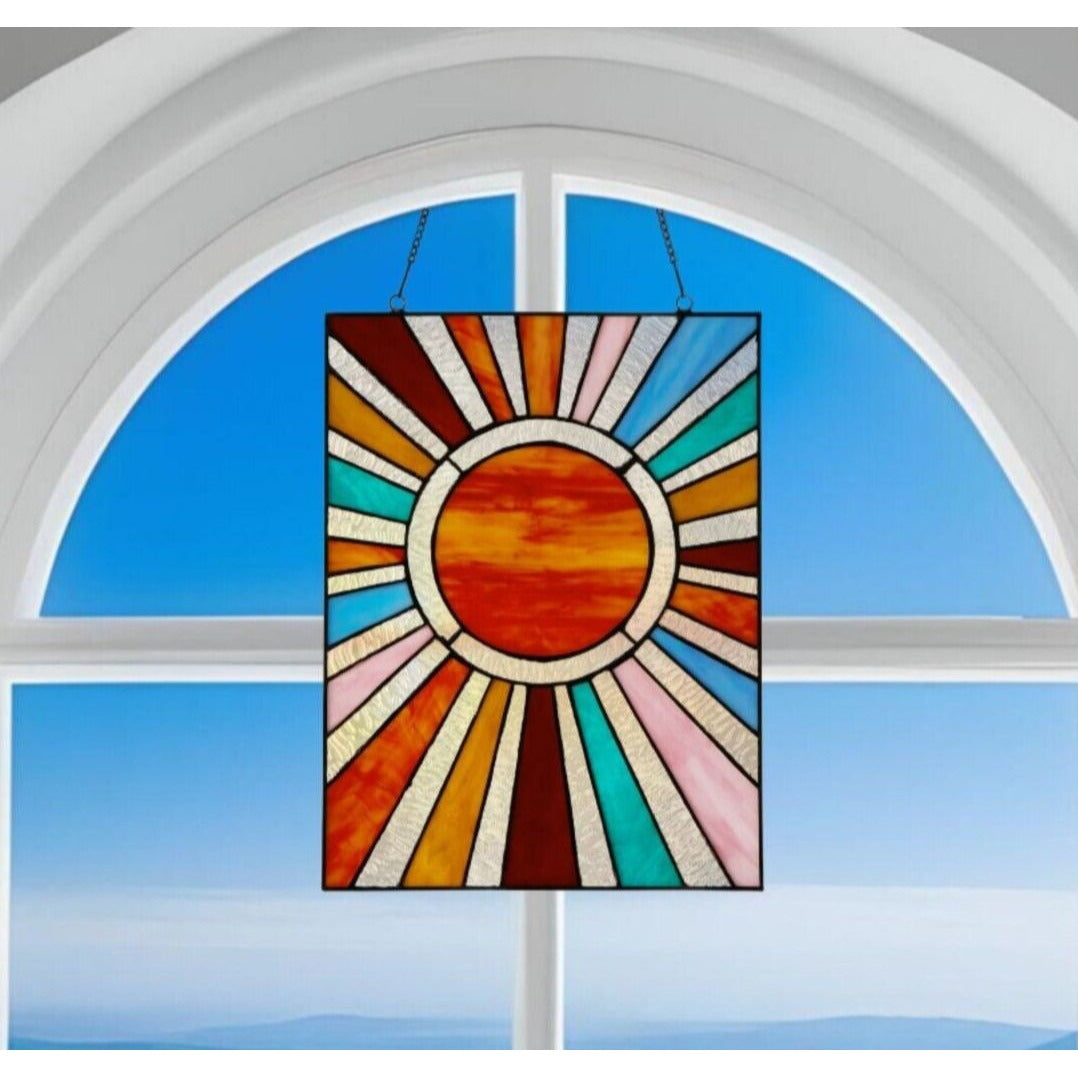 Tiffany Style Stained Glass Sunburst Suncatcher Hanging Window Panel 10x14in