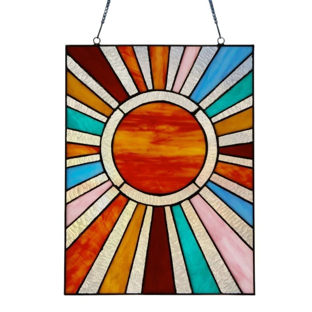 Tiffany Style Stained Glass Sunburst Suncatcher Hanging Window Panel 10x14in