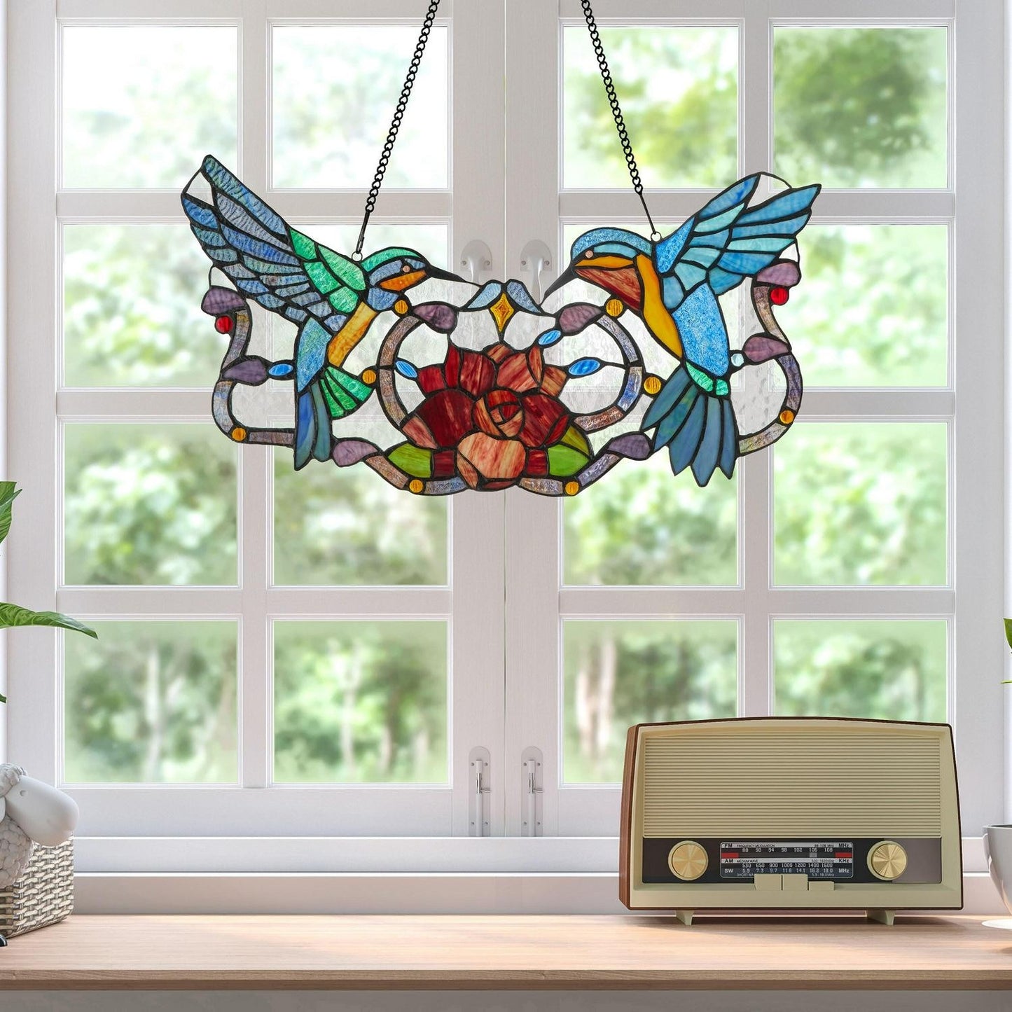 Stained Glass 24inW Hummingbird Theme Floral Window Panel Suncatcher