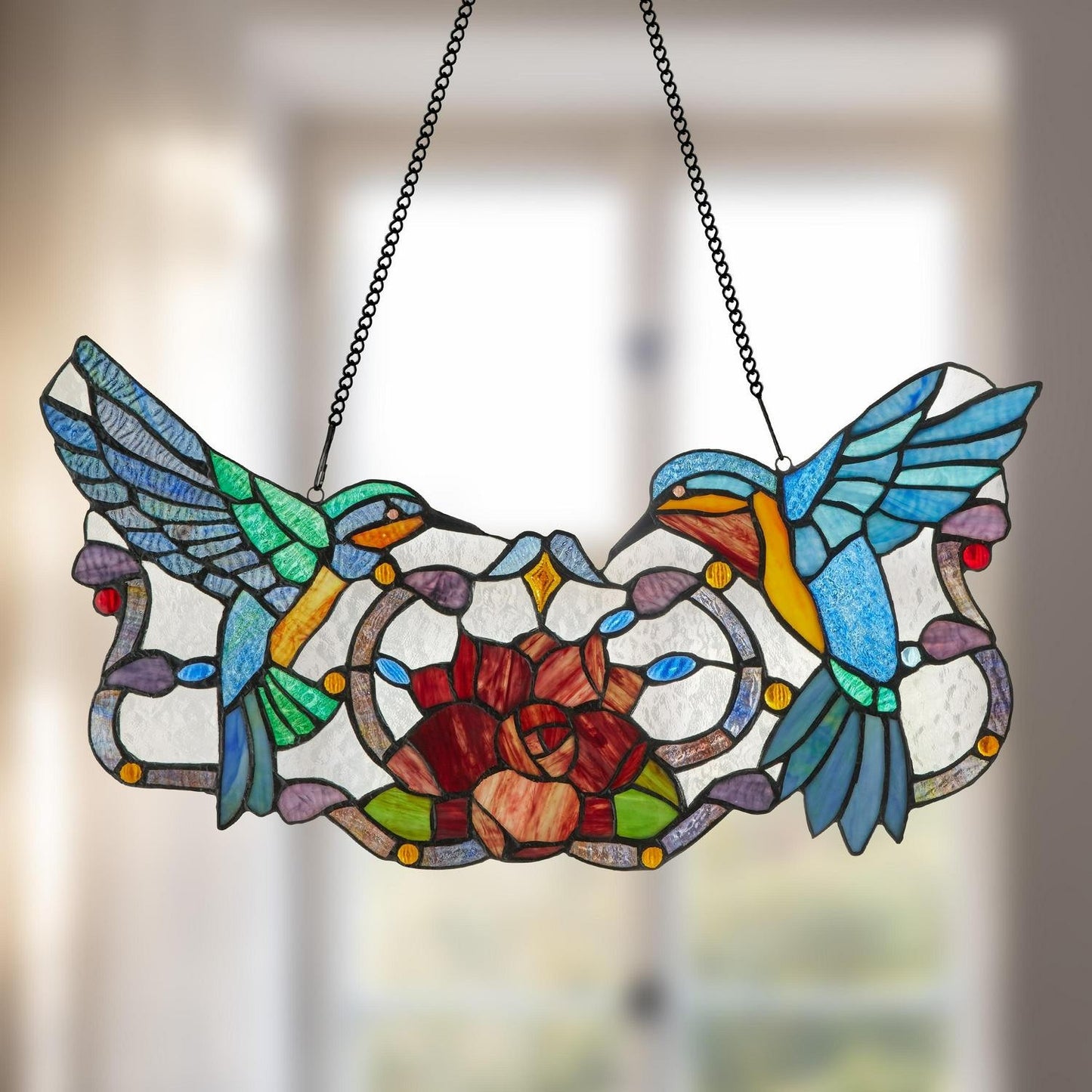 Stained Glass 24inW Hummingbird Theme Floral Window Panel Suncatcher