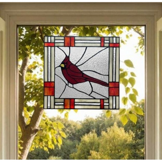 Tiffany Style Red Cardinal Stained Glass Window Panel Suncatcher 11x11in