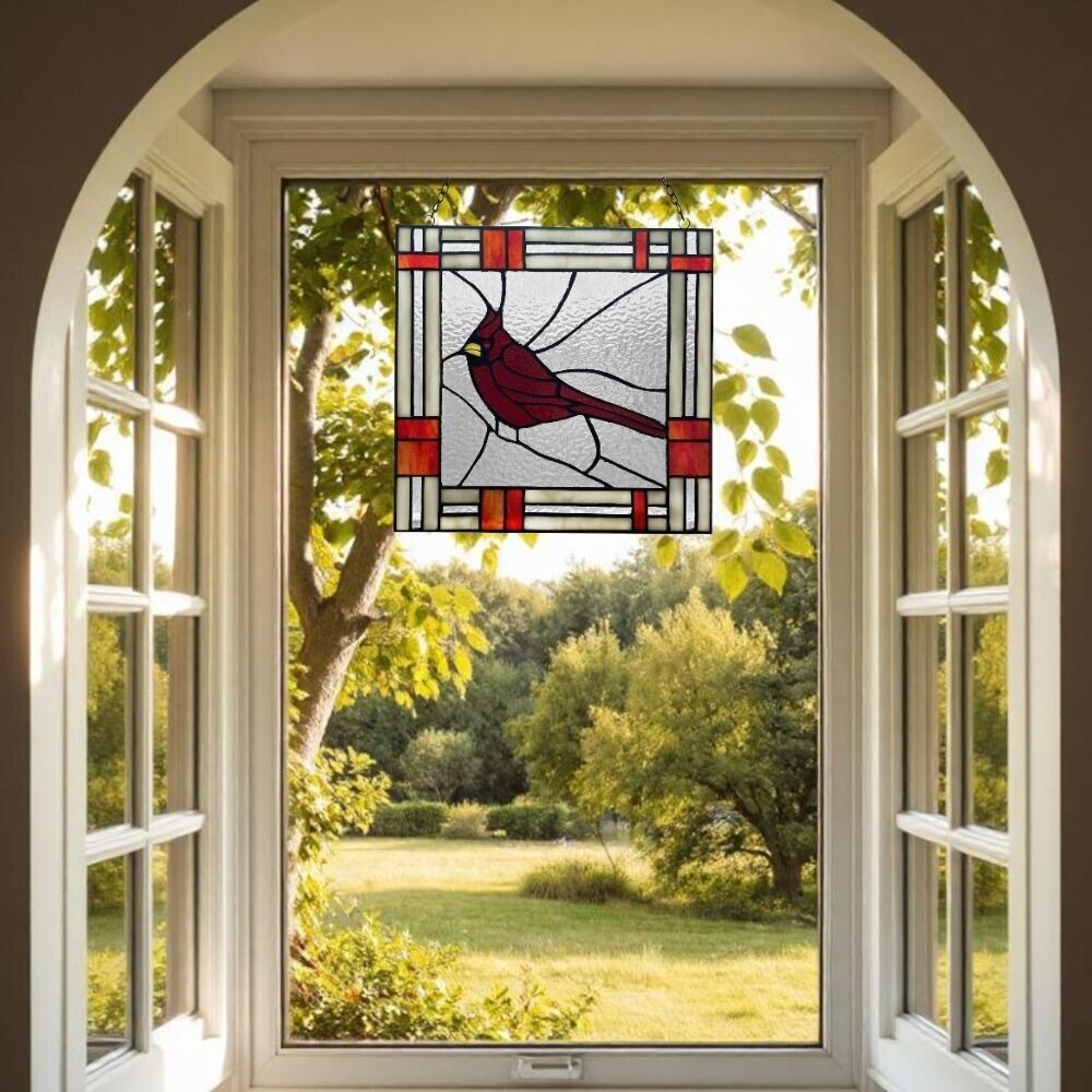 Tiffany Style Red Cardinal Stained Glass Window Panel Suncatcher 11x11in